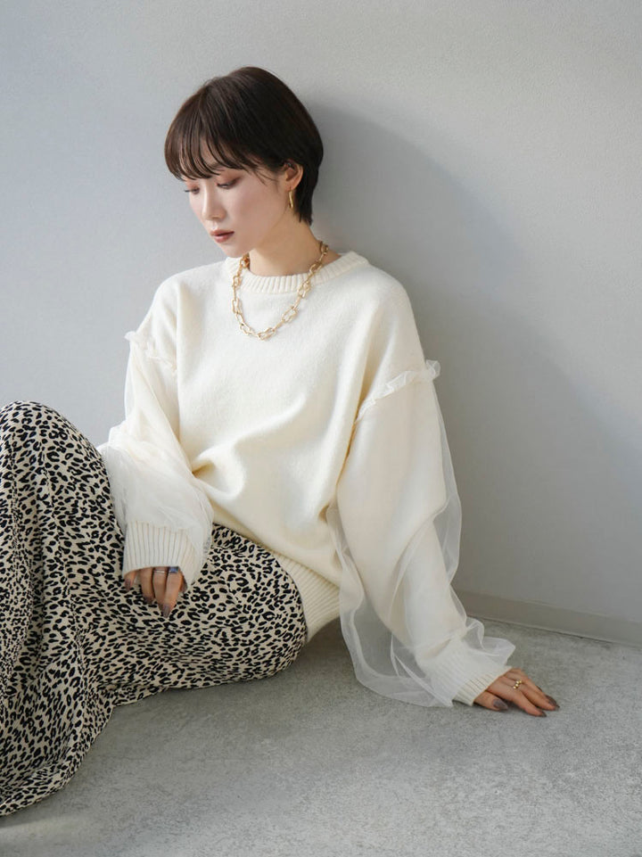 [Pre-order] Tulle layered sleeve knit pullover/ivory