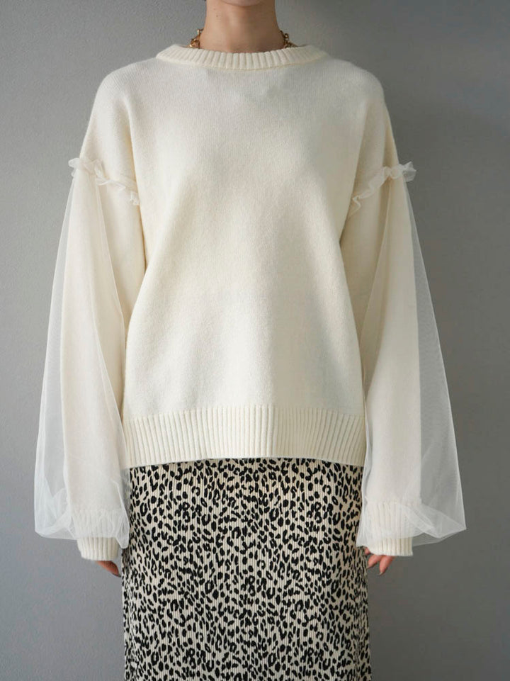 [Pre-order] Tulle layered sleeve knit pullover/ivory