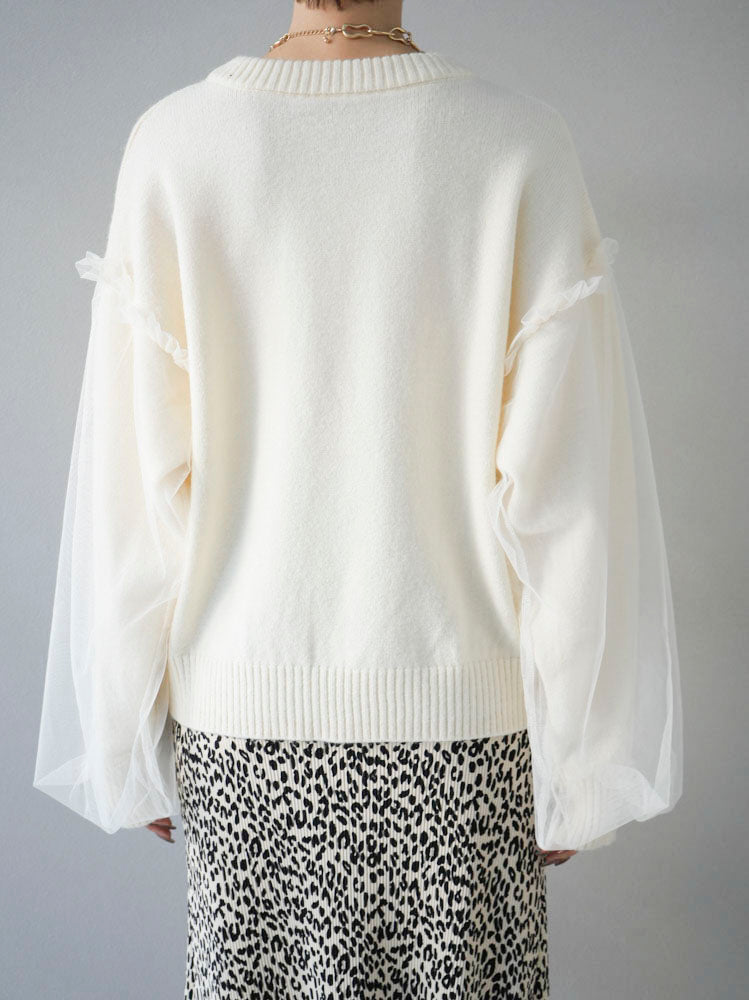 [Pre-order] Tulle layered sleeve knit pullover/ivory