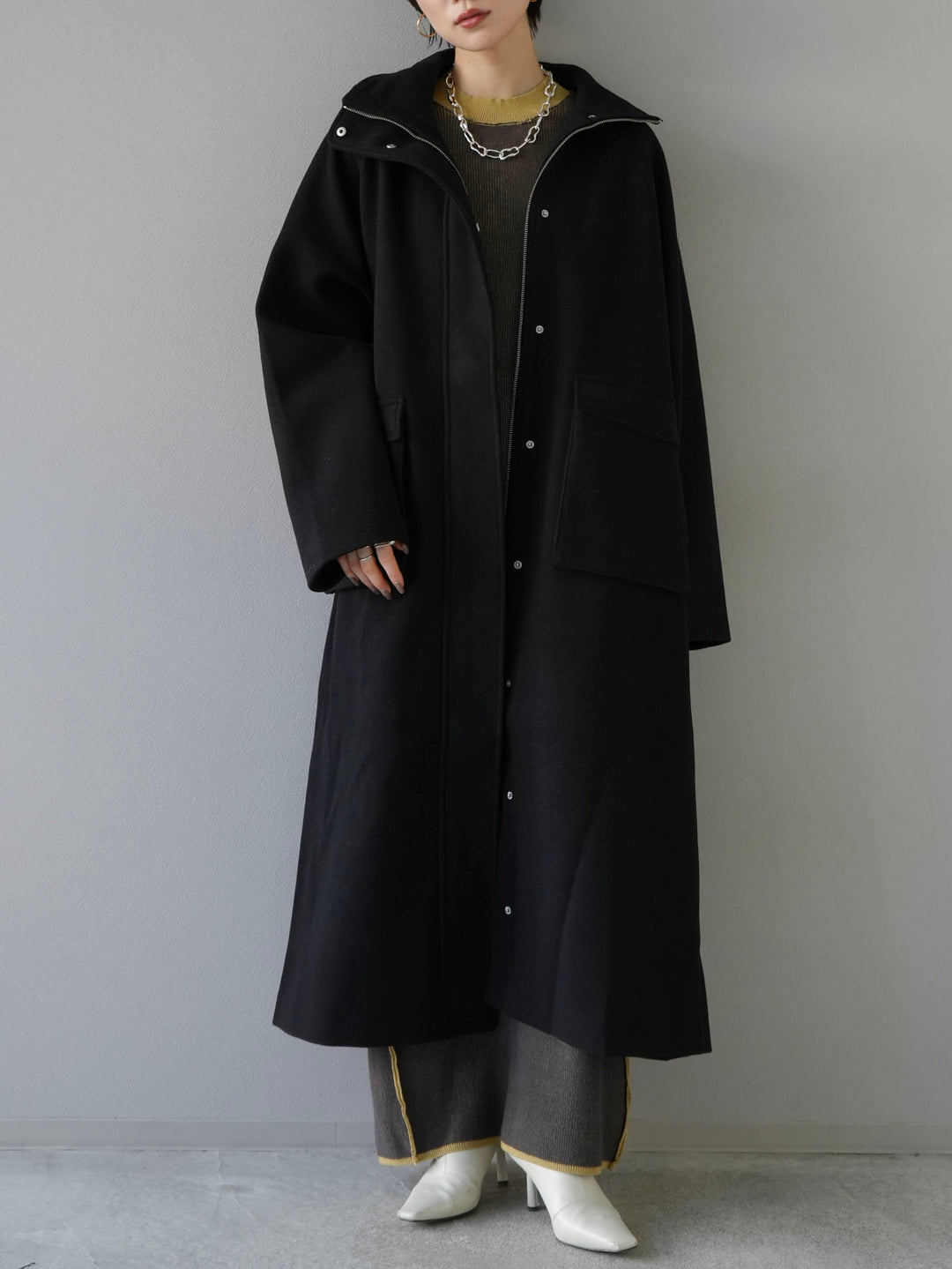 [Pre-order] Wool touch stand collar zip coat/black