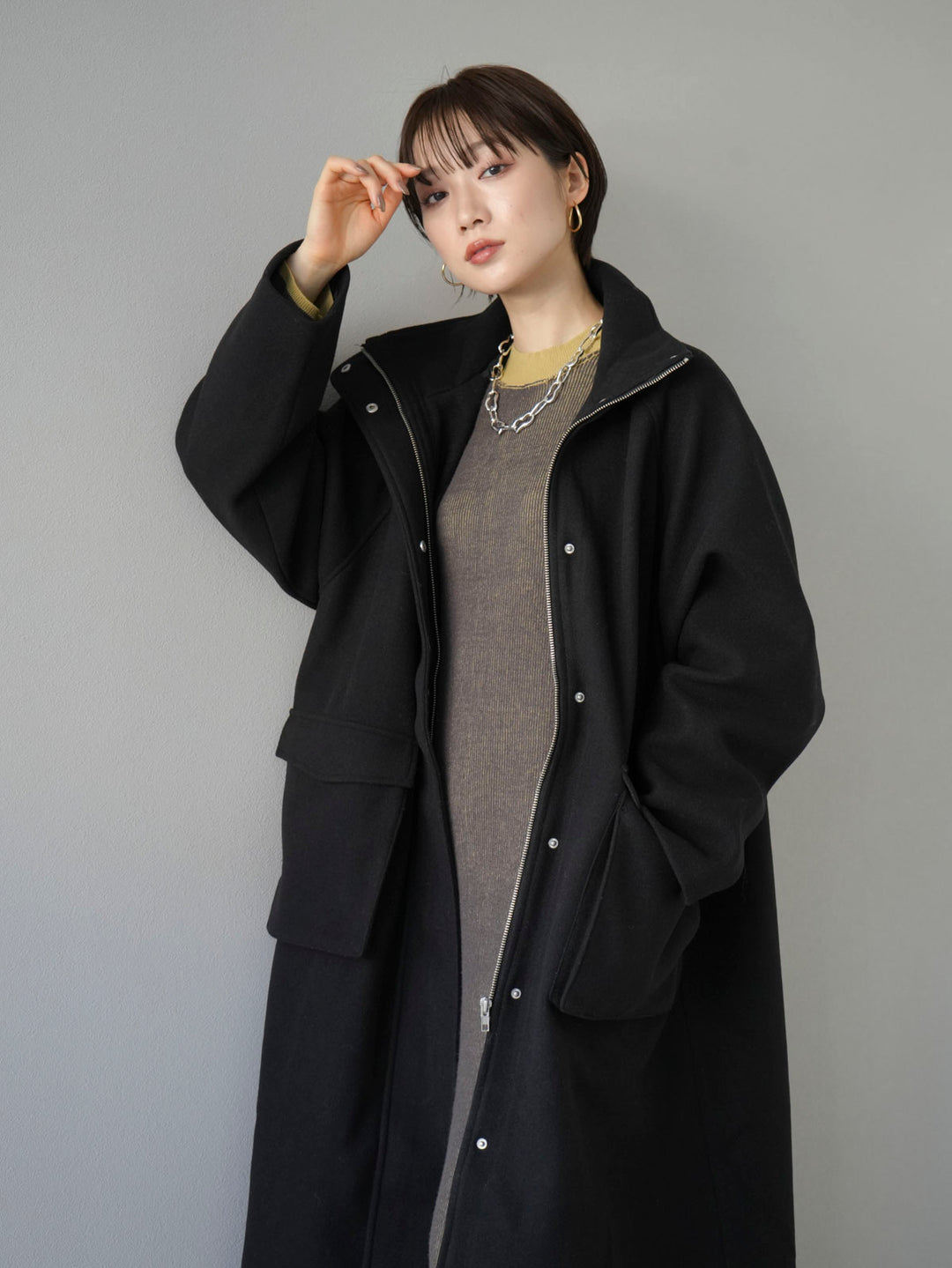 [Pre-order] Wool touch stand collar zip coat/black