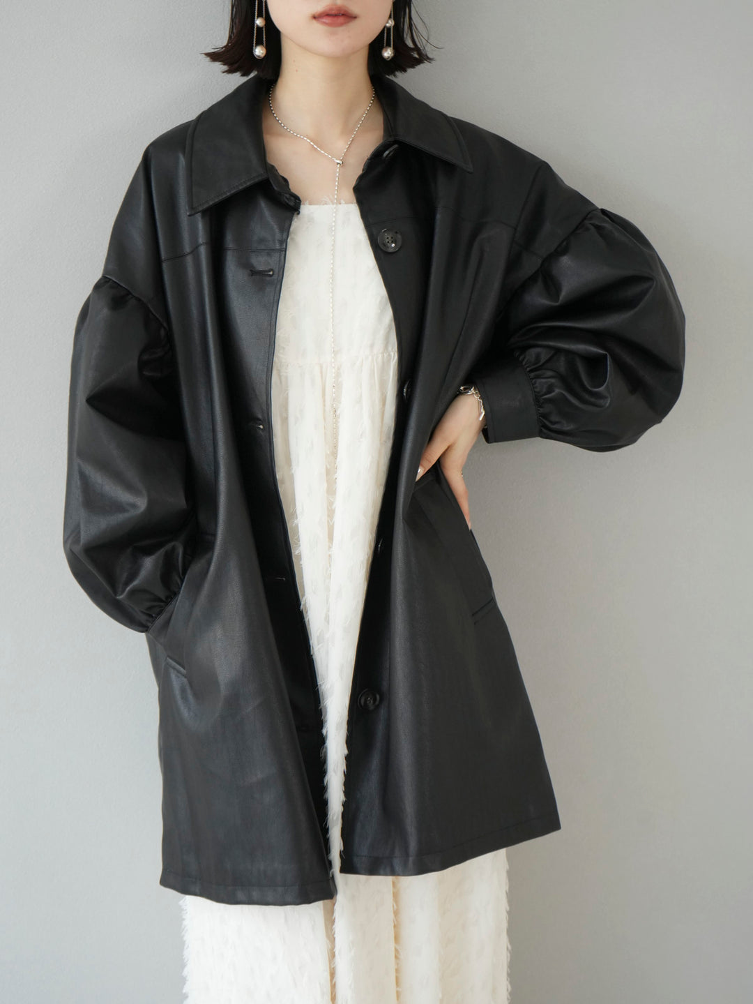 [Pre-order] Faux Leather Mid-length Jacket/Black