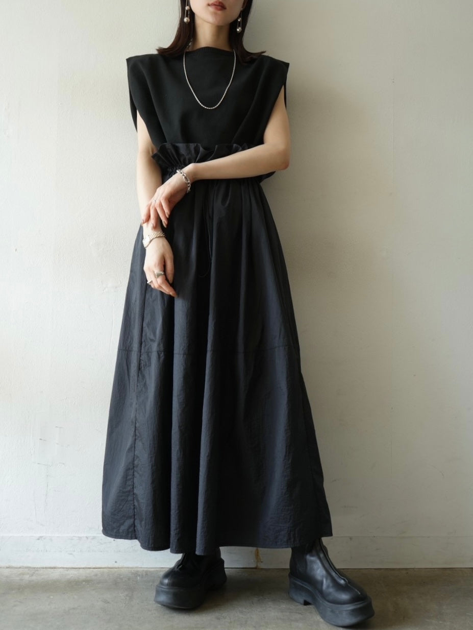Milano Rib Tuck Shoulder Docking Nylon Dress/Black x Black