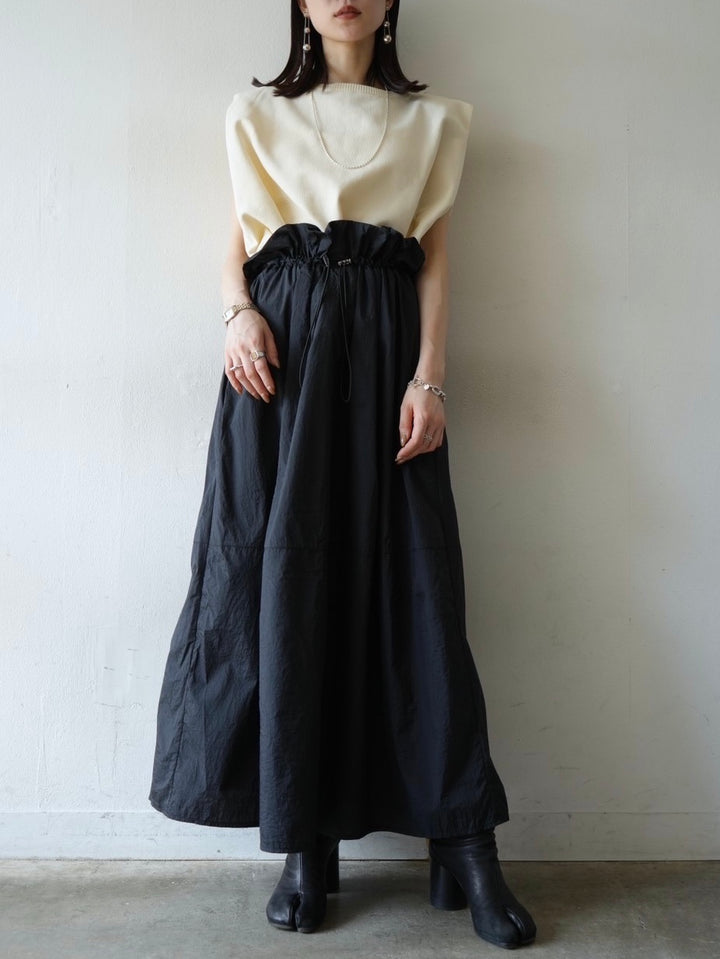 Milano Rib Tuck Shoulder Docking Nylon Dress/Ivory x Black