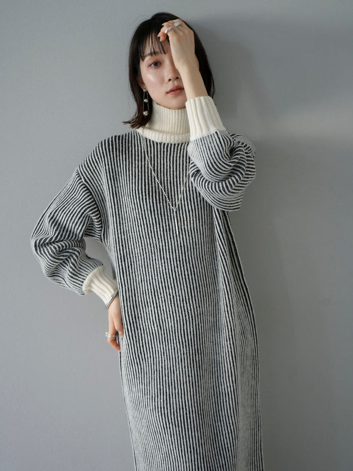[Pre-order] High-neck color-blocked ribbed knit dress/black