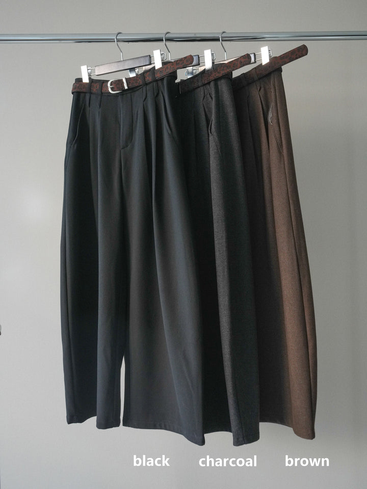 [SET]三角ステッチニットカーディガン+アニマル柄ベルト付きウールタッチワイドパンツ(2set)