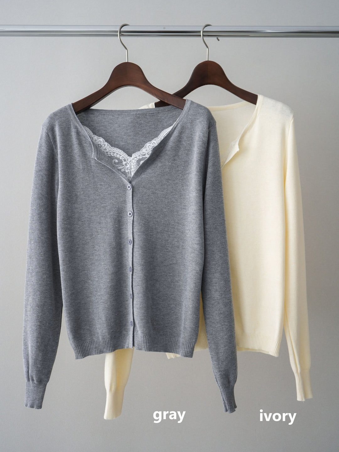 [SET]レースレイヤードニットカーディガン+アシメデザインワイドデニムパンツ(2set)