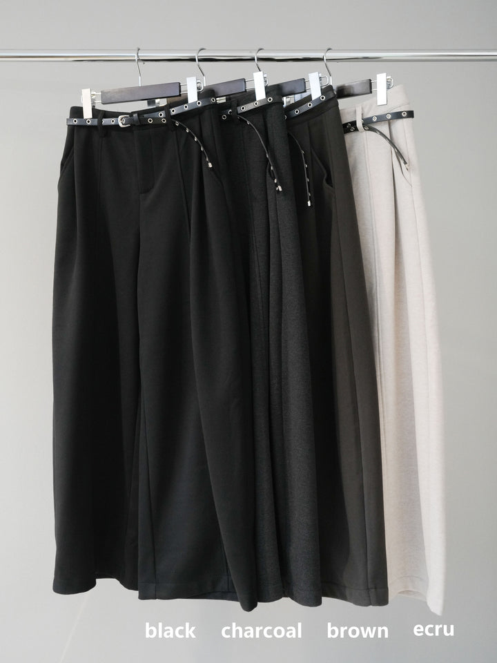 [SET]袖配色ハイネックボーダーリブニットトップス+ベルト付き裏起毛ワイドパンツ(2set)