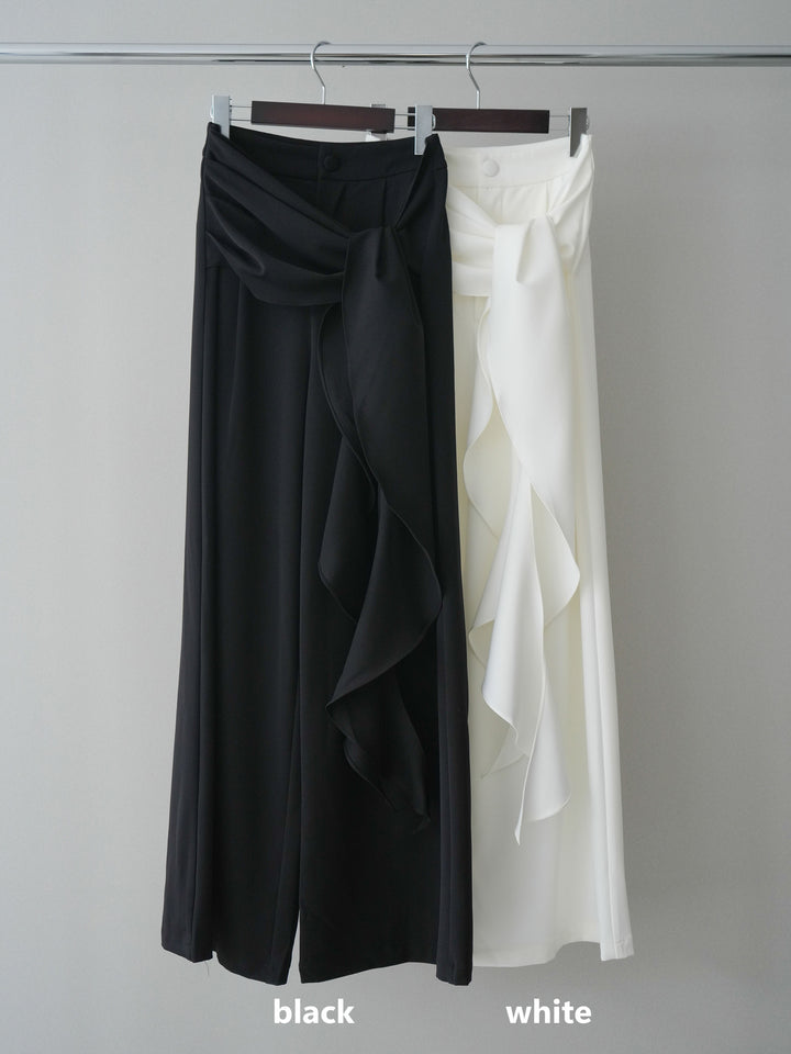 [SET]パールボタンレース切替ニットトップス+ラッフルベルトワイドパンツ(2set)