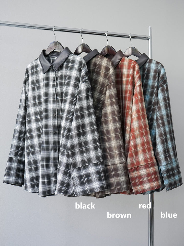 [SET]レザー襟オンブレチェックオーバーシャツ +クラッシュベロアナロースカート(2set)