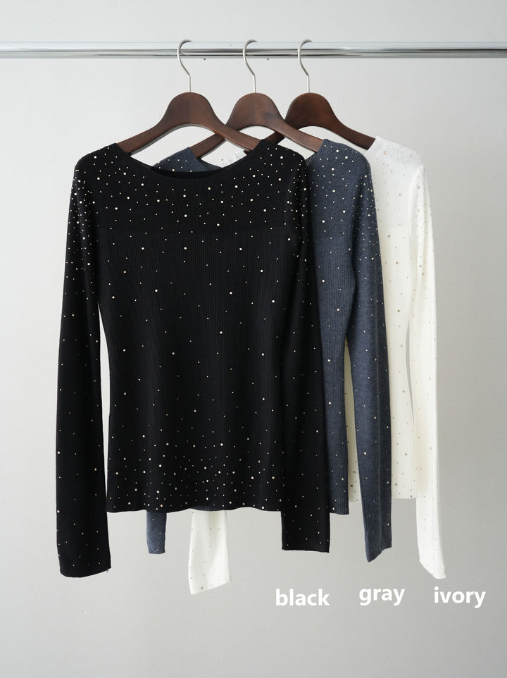 [SET]スパンコールシアーニットトップス+フロントポケットサイドタックワイドデニム(2set)