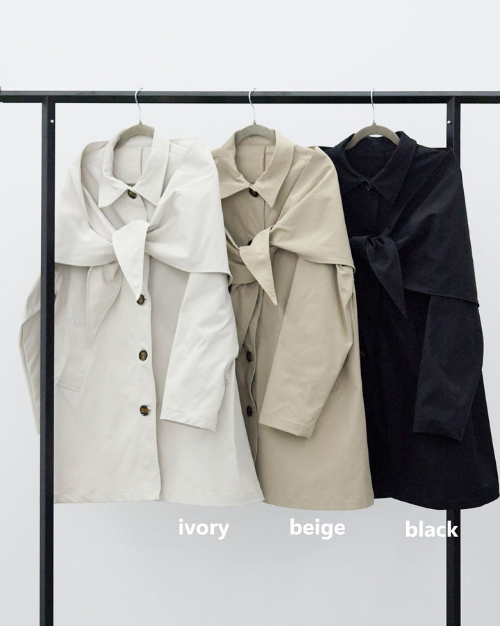 【Allure】[SET]スカーフ付ステンカラーミディアムコート+モヘアタッチ透かし編みボートネックニットプルオーバー+アシメカーブデニムパンツ+アシンメトリーサテンレースキャミソール(4set))