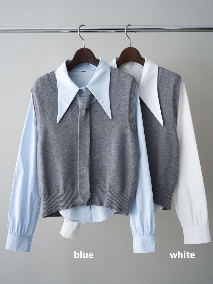 【套裝】蝴蝶結針織背心套裝襯衫+繫帶工裝迷你裙（兩件組）