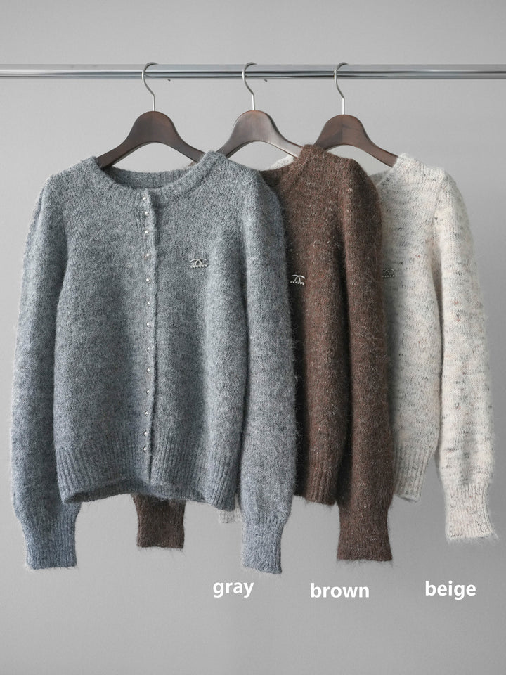 [SET]ブローチ付silverボタンミックスニットカーディガン+チュールボリュームスカート(2set)