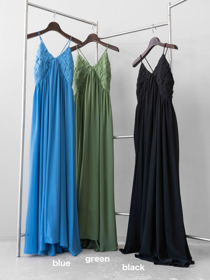 [SET]編み込みデザインシフォンワンピース+カップ付テレコリブベアキャミソール(2set)