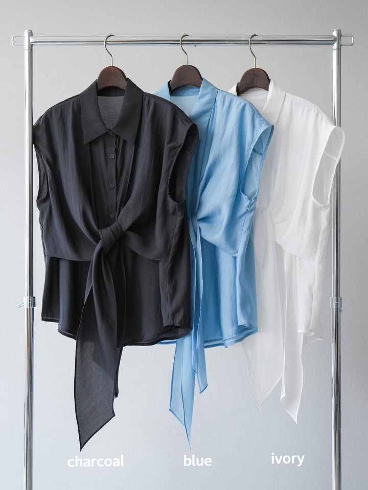 [SET] 前繫帶透視上衣 + 水彩藝術休閒褲 (2 件組)