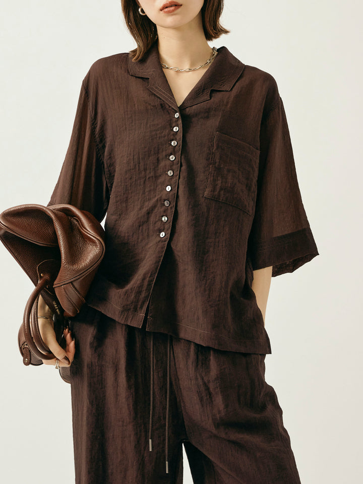 【Allure】[SET]シャイニースラブシアー開襟ハーフシャツ+シャイニースラブシアーワイドパンツ(2set)