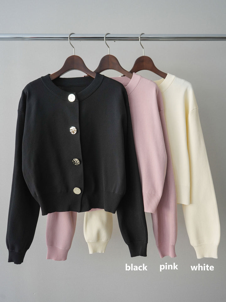 [SET]メタルボタンクルーネックニットカーディガン+デニム切替スウェットパンツ(2set)