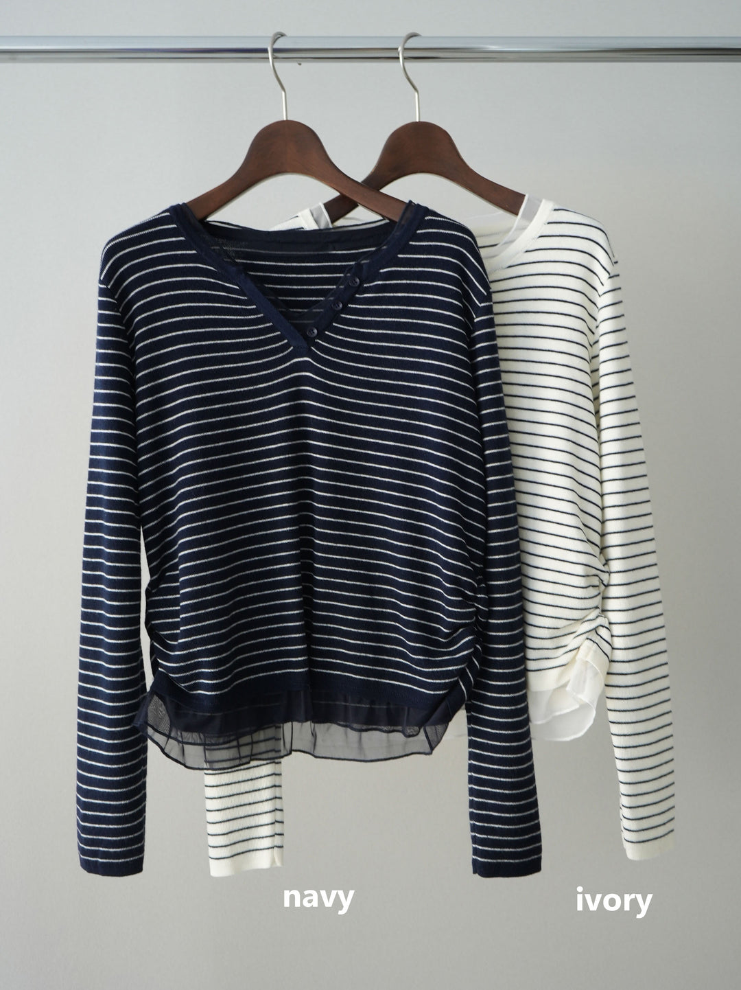 [SET]チュールレイヤードデザインボーダーニットトップス+フロントポケットサイドタックワイドデニム(2set)