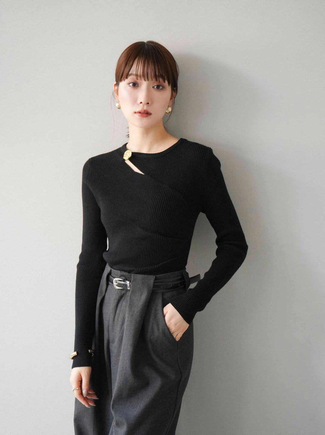 [套裝] 金色圖案設計羅紋上衣 + 選配飾品套裝（2 套）