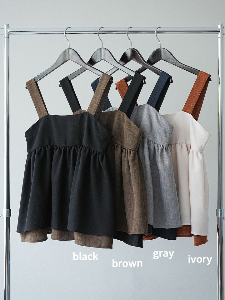 [SET]リネンライク配色フレアタンクトップ+コード刺繍チュールレイヤードパンツ+ブーケプリントタックパンツ(3set)