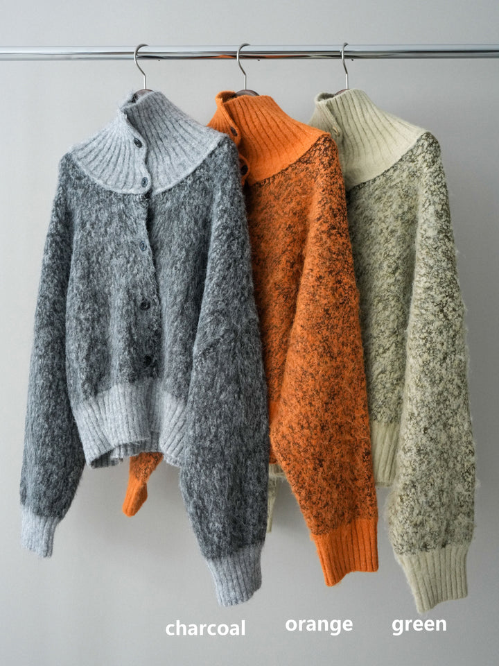 [SET]リブ切替メランジニットカーディガン+モチーフベルト付スエードタックワイドパンツ(2set)