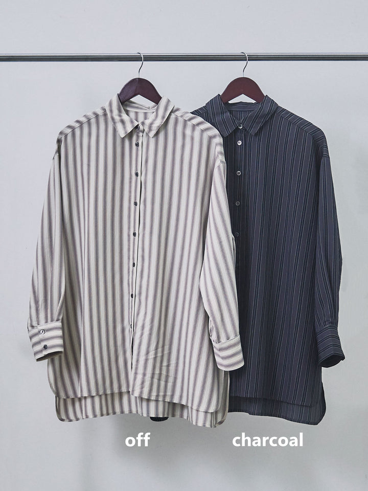 【Allure】[SET]ストライプオーバーシャツ+カットオフコットンツイルタックワイドパンツ(2set)