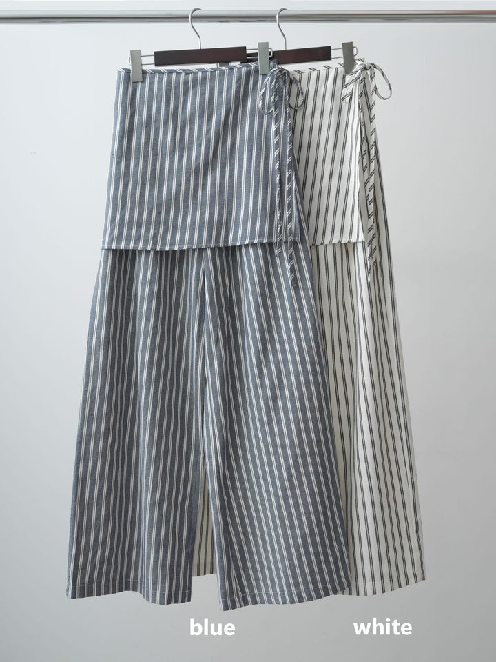 [SET]アシンメトリーラッフルレースヘムトップス+エプロン巻ストライプワイドパンツ(2set)