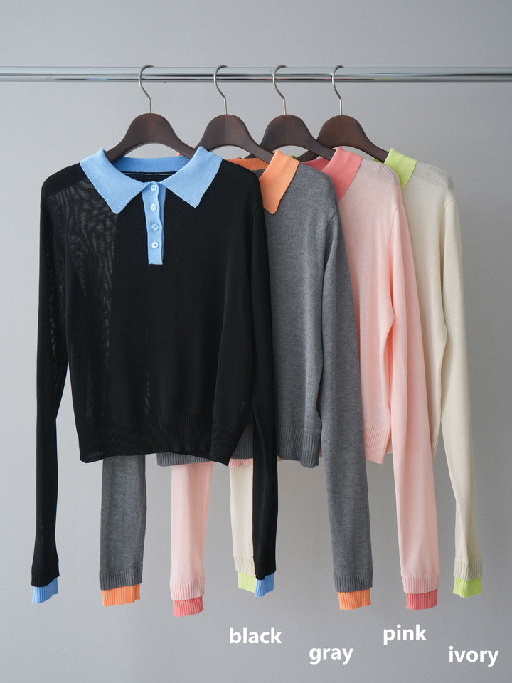 [SET]配色デザインシアーポロニット+ラッフルベルトワイドパンツ(2set)