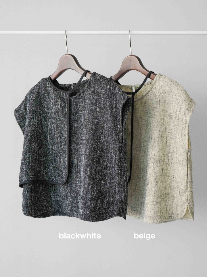 [SET]サマーツイードケープデザインプルオーバー+クレープシフォンタックワイドパンツ(2set)