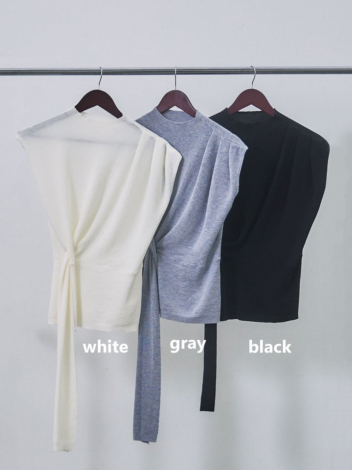 【Allure】[SET]サイドベルトボトルネックノースリーブニットトップス+エステルツイルタックワイドパンツ(2set)