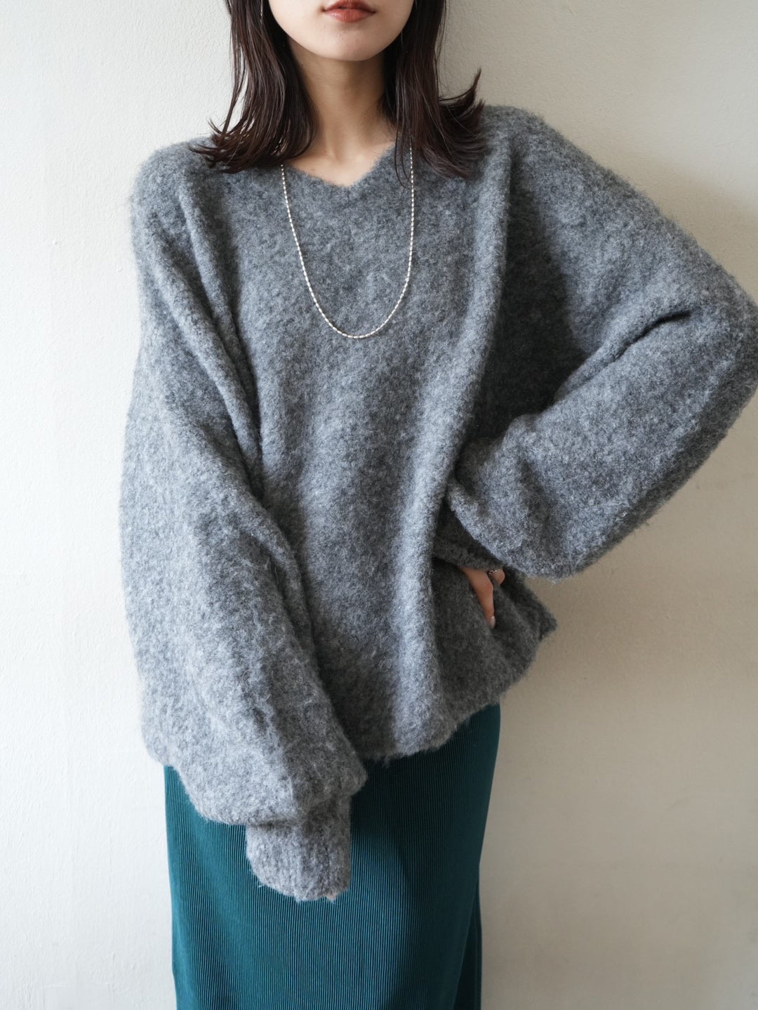 [Pre-order] Wool blend mixed yarn volume sleeve knit/charcoal