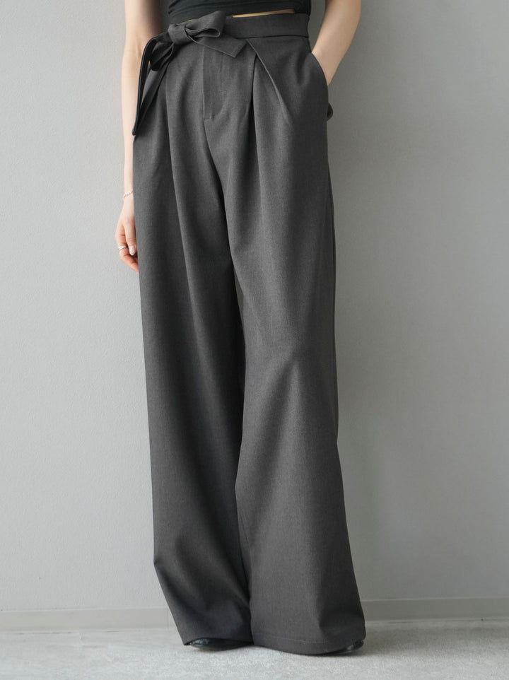 【預訂】腰部緞帶設計折邊寬褲/灰色
