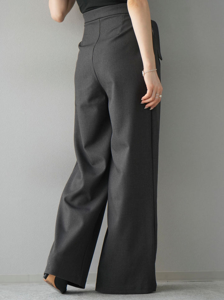 【預訂】腰部緞帶設計折邊寬褲/灰色
