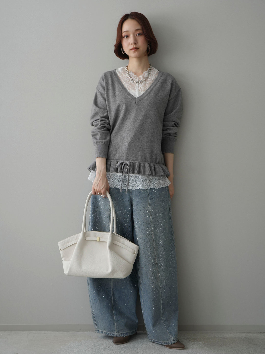 [予約]レーストップ＆フリルニットアンサンブル/gray