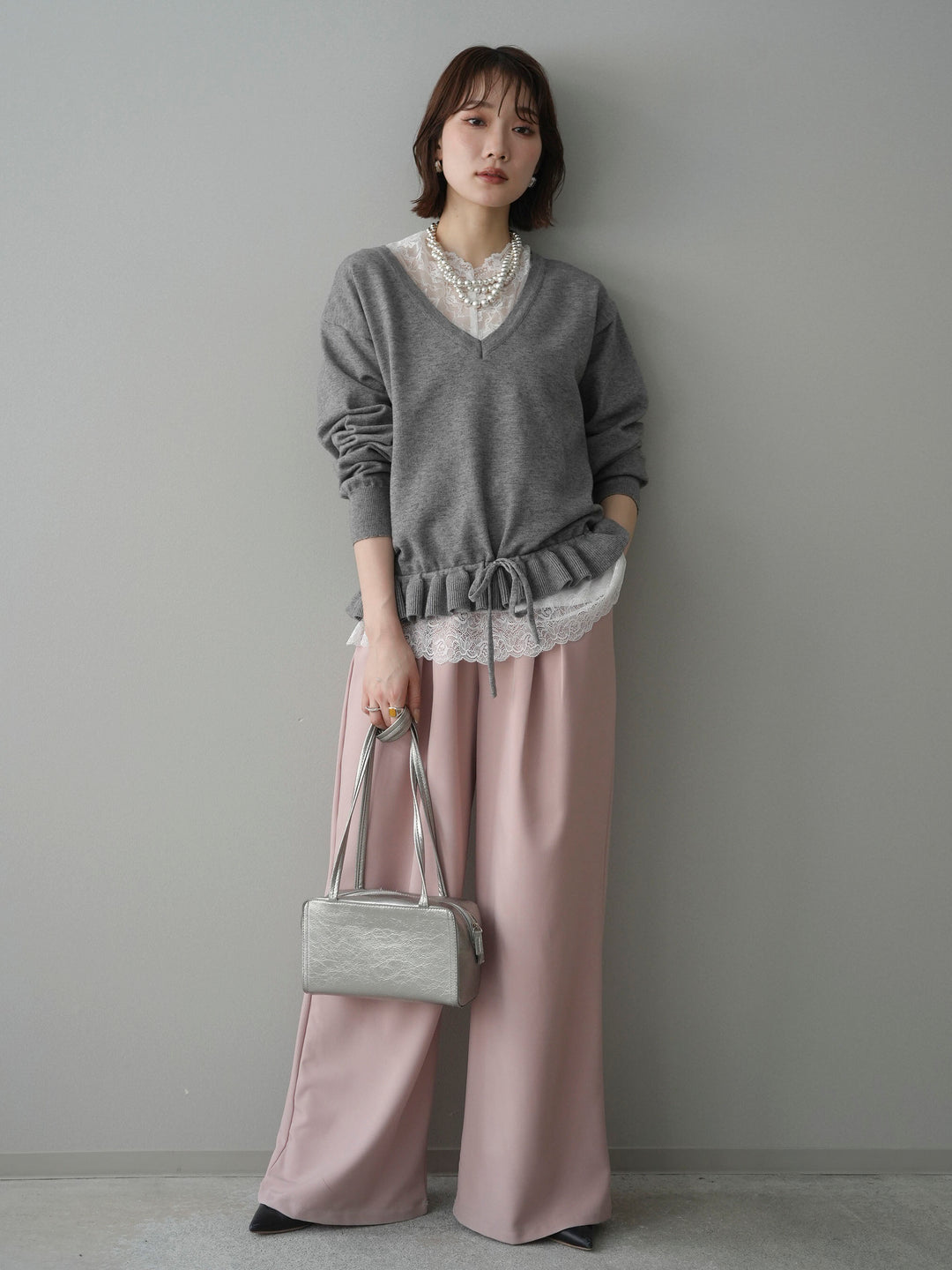 [予約]レーストップ＆フリルニットアンサンブル/gray