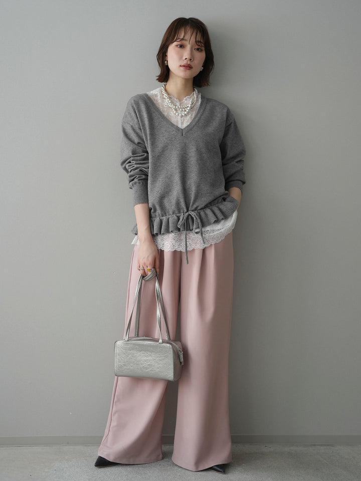 [予約]レーストップ＆フリルニットアンサンブル/gray