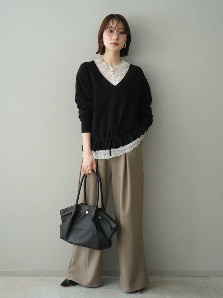 [SET]レーストップ＆フリルニットアンサンブル+ベルト付キーホルダーモチーフワイドパンツ(2set)