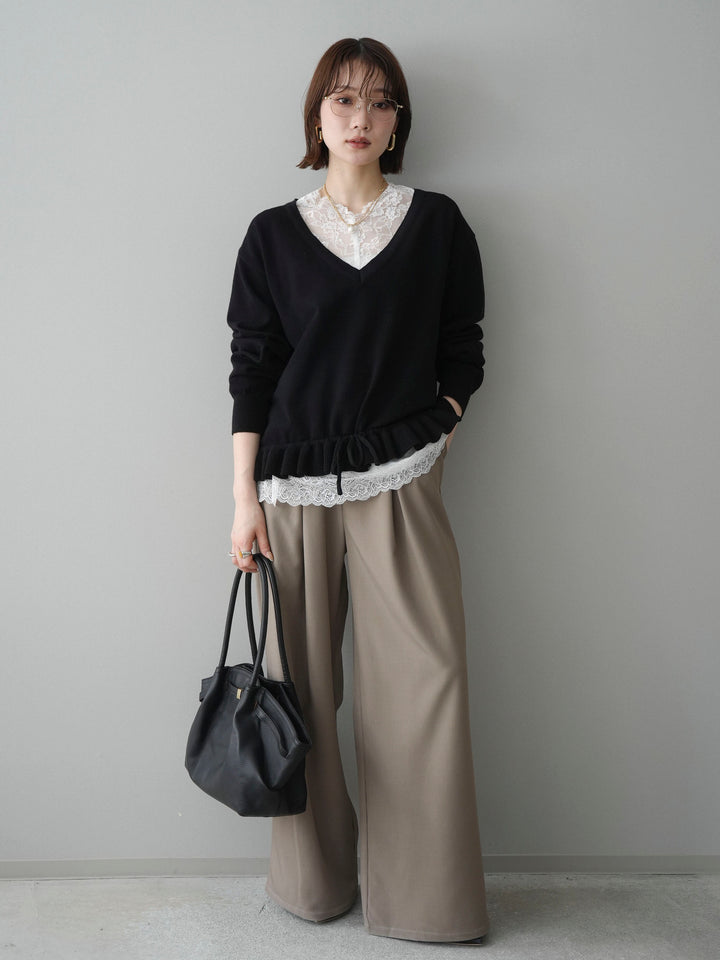 [SET]レーストップ＆フリルニットアンサンブル+ベルト付キーホルダーモチーフワイドパンツ(2set)