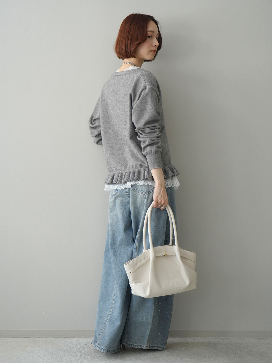 [SET]レーストップ＆フリルニットアンサンブル+フロントビジューカーブデニムパンツ(2set)