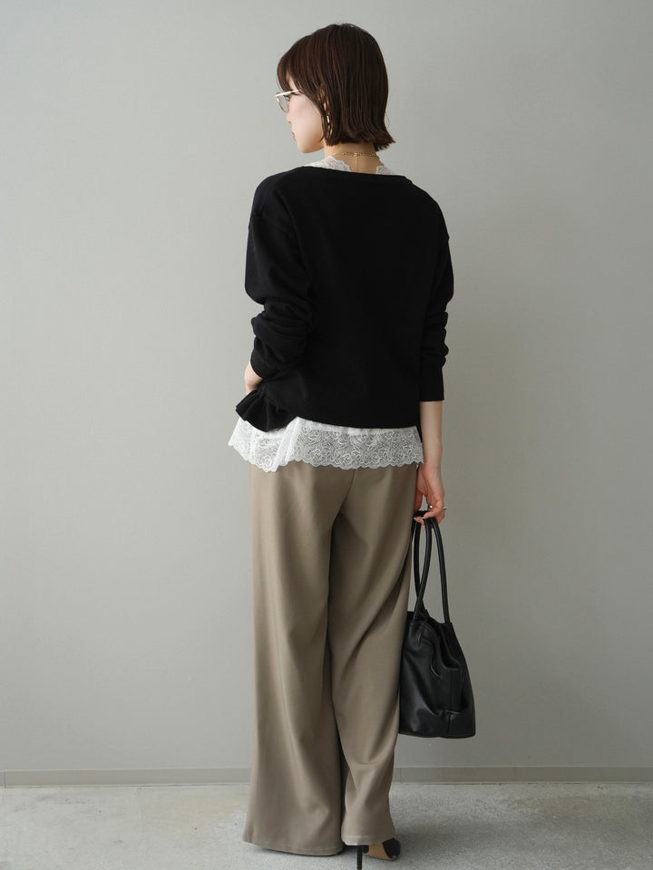 [SET]レーストップ＆フリルニットアンサンブル+ベルト付キーホルダーモチーフワイドパンツ(2set)