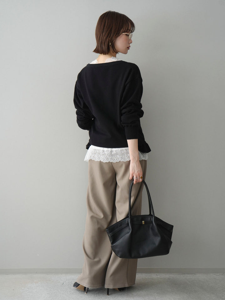 [SET]レーストップ＆フリルニットアンサンブル+ベルト付キーホルダーモチーフワイドパンツ(2set)