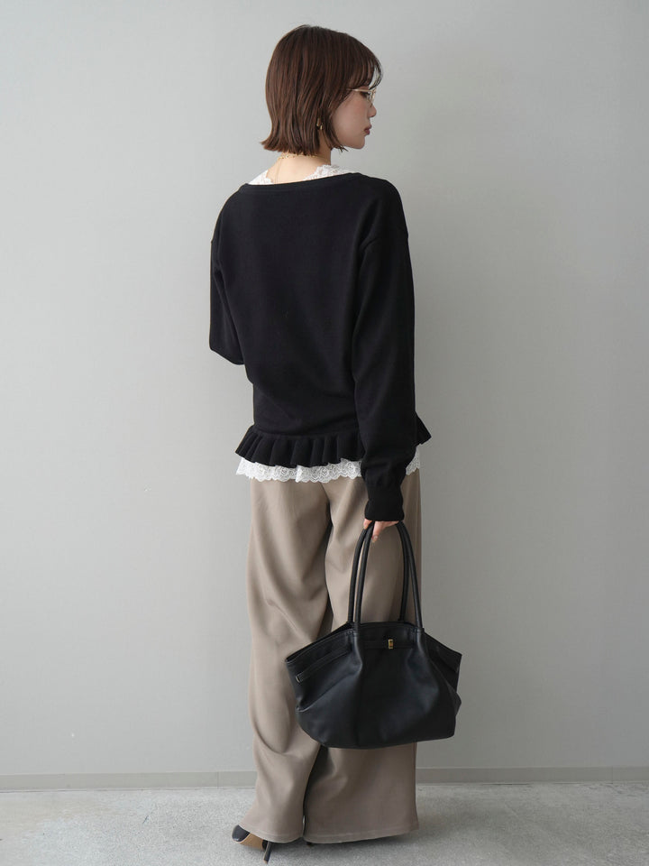 [SET]レーストップ＆フリルニットアンサンブル+ベルト付キーホルダーモチーフワイドパンツ(2set)