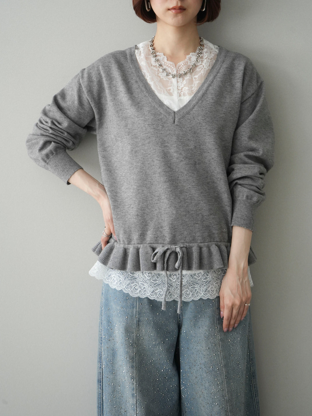 [SET]レーストップ＆フリルニットアンサンブル+選べるアクセセット(2set)