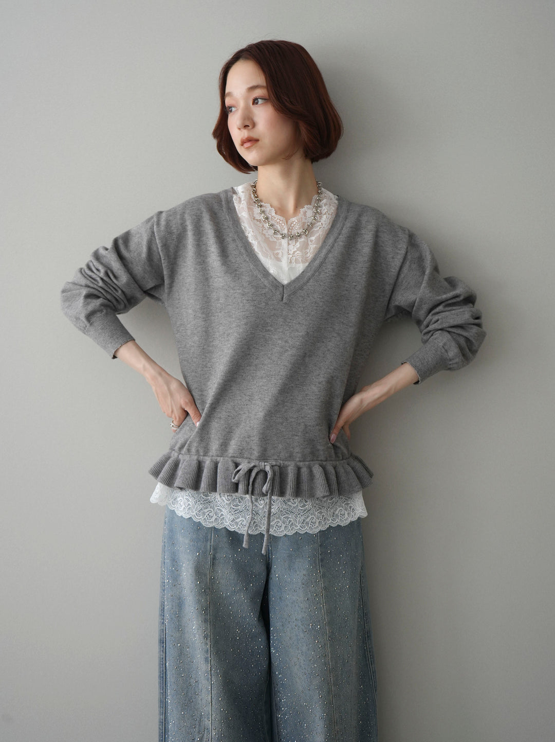 [SET]レーストップ＆フリルニットアンサンブル+選べるアクセセット(2set)