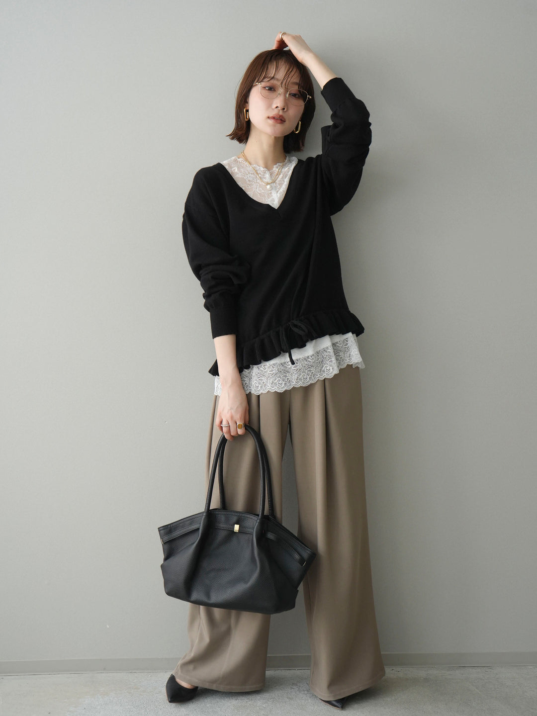 [SET]レーストップ＆フリルニットアンサンブル+ベルト付キーホルダーモチーフワイドパンツ(2set)