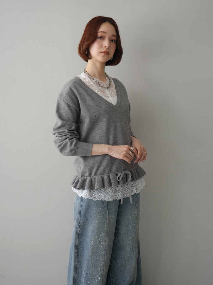 [予約]レーストップ＆フリルニットアンサンブル/gray