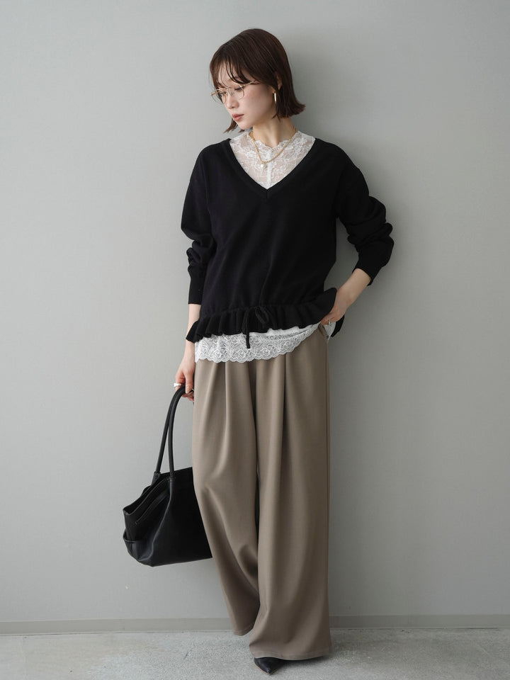 [SET]レーストップ＆フリルニットアンサンブル+ベルト付キーホルダーモチーフワイドパンツ(2set)