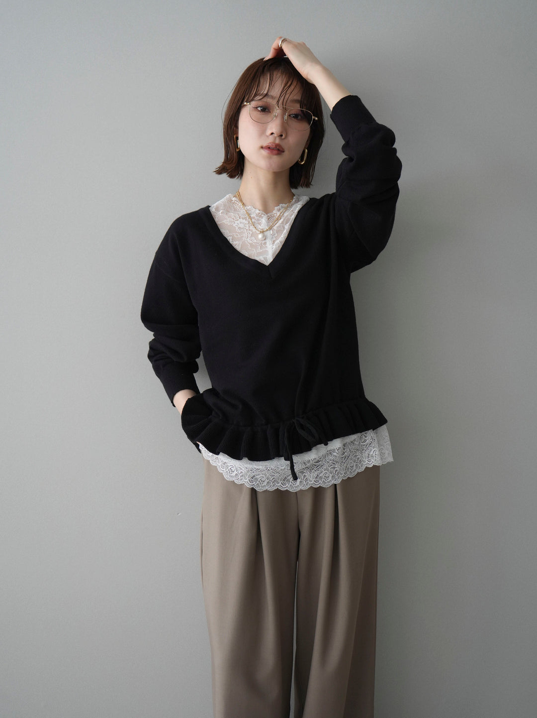 [SET]レーストップ＆フリルニットアンサンブル+ベルト付キーホルダーモチーフワイドパンツ(2set)