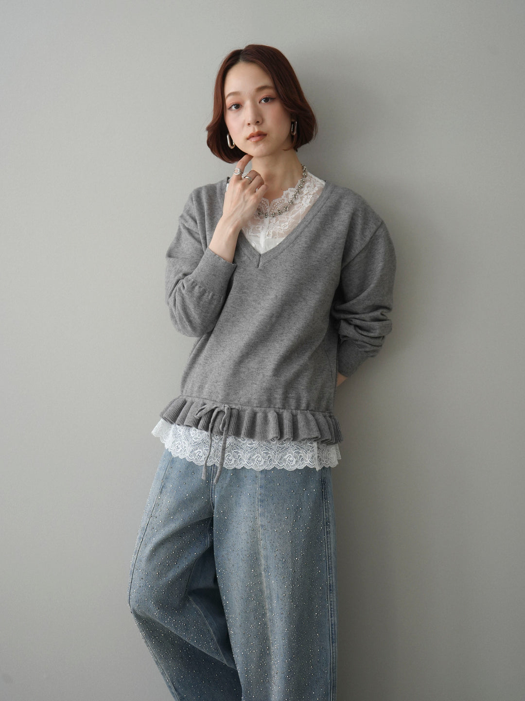 [予約]レーストップ＆フリルニットアンサンブル/gray